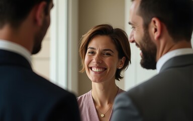 A woman with short hair is smiling at two men. One of the men is wearing a suit. High quality
