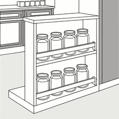 Illustration of a kitchen pull out cabinet organizer filled with glass jars on shelves