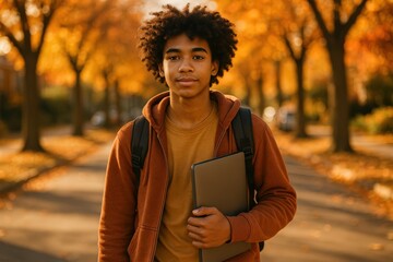 Student holding laptop walking in autumn park