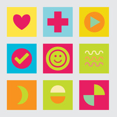 Bright and cheerful flat design icon set with diverse symbols, ideal for web, app, and interface graphics