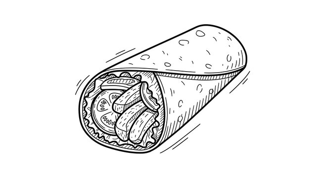 Line Drawing of Fresh Vegetable Wrap with Lettuce Tomato and Cucumber in Tortilla