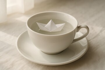 Paper boat navigating still water in white teacup