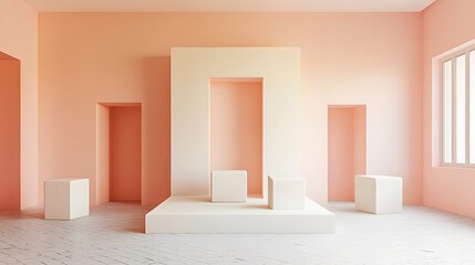 Minimalist pastel room interior with podium platforms for product display