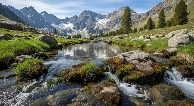 A serene mountain landscape featuring a clear stream flowing over rocks, surrounded by vibrant green grass and distant snow-capped peaks under a blue sky. - Powered by Adobe