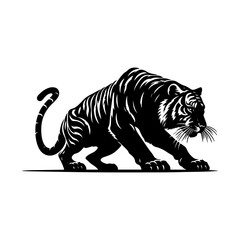 Obraz premium Monochrome vector art of a fierce tiger in a predatory crouch. This powerful graphic illustration serves as an emblem of wildness and untamed energy