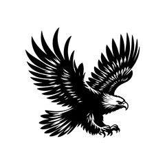 Dynamic black and white vector illustration of a powerful flying eagle with spread wings, perfect for a logo or emblem