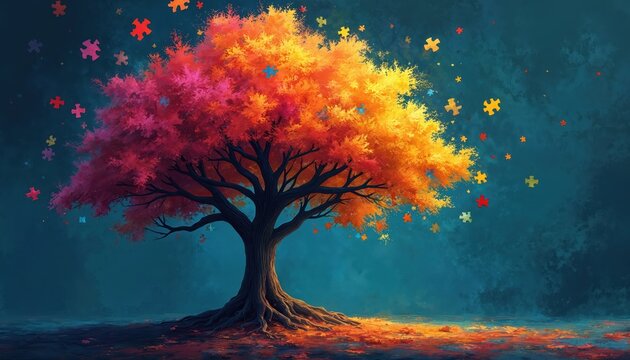 Colorful tree with puzzle piece leaves autism awareness. Abstract art illustration promoting neurodiversity, inclusivity. Symbol represents support for mental health, unique individuality, brain