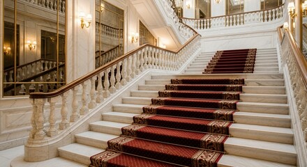 Grand marble staircase with red carpet runner and ornate balustrades inside a luxurious building.