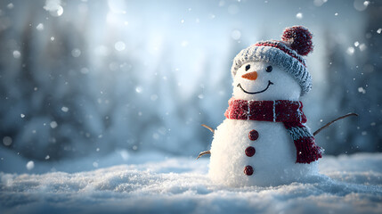 A solitary snowman with a red scarf and hat, adorned with buttons, stands in a snowy, magical forest setting with falling snowflakes