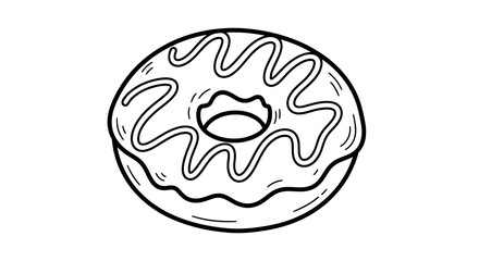 Simple Black and White Line Drawing of Donut with Glaze and Sprinkles on White Background