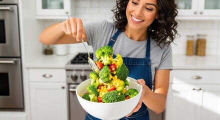 A woman in an apron holding a bowl of colorful vegetables in a kitchen.