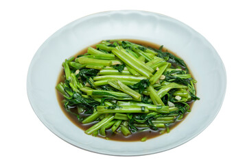 Stir-Fried Morning Glory with Oyster Sauce on White Plate, Isolated on Transparent Background
