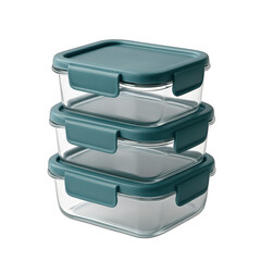 Stacked Set of Three Transparent Glass Storage Containers with Blue Lids for Kitchen Organization