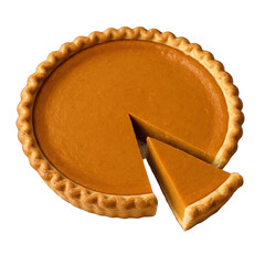 Whole Pumpkin Pie with One Slice Cut Out on Transparent Background