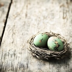 Artistic easter composition, green speckled eggs in nest on rustic wood