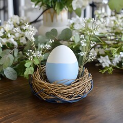Elegant easter egg in bird nest with flowers on table backdrop decor