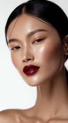 Fototapeta premium Asian woman with dark red lipstick beauty portrait
