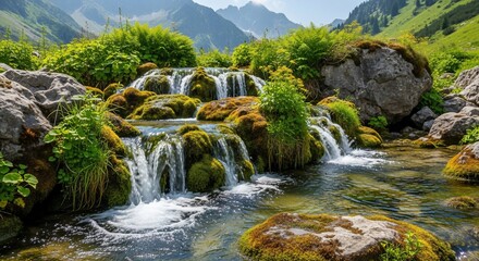 A serene mountain stream cascades over moss-covered rocks amidst vibrant green foliage and distant peaks under a clear sky.