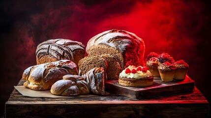 Delicious fresh baked goods assortment on rustic table with red background