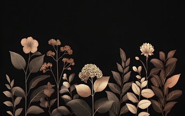 Elegant floral design with copper flowers and leaves on black background