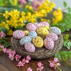 Festive easter eggs in nest with colorful sprinkles and flowers decoration