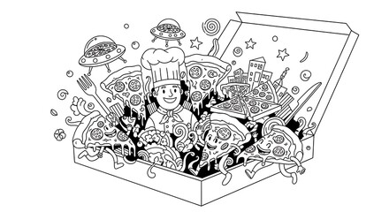 Fototapeta premium Whimsical Pizza Party with Cartoon Characters and Flying Saucer Toppings in Open Pizza Box