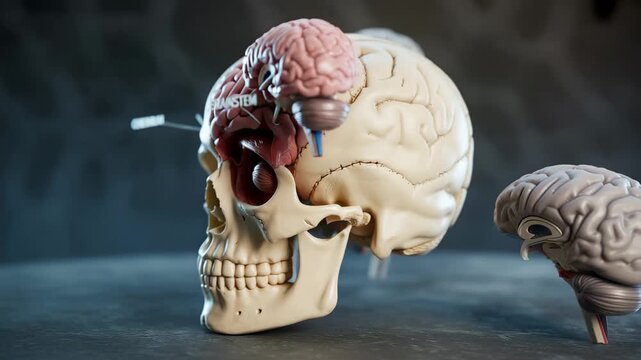 Anatomical cross section of the human skull showing the cerebrum, brainstem, and internal neurological structure