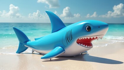 Fototapeta premium Blue inflatable sits on a sandy beach near ocean. Cartoon illustration perfect for summer fun ocean events water activities beach party or kids party