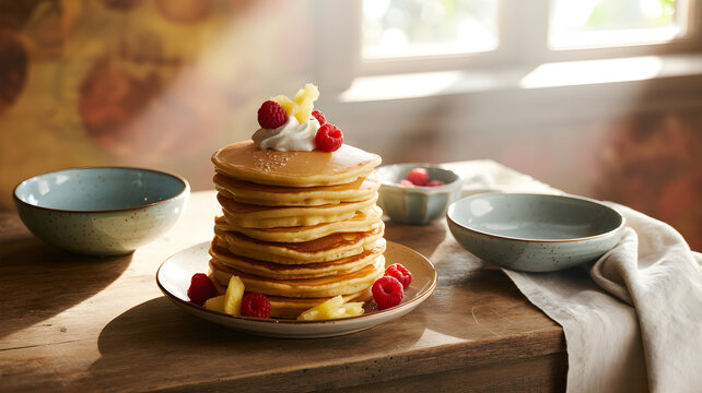 Pancakes stacking with berries and pineapple for breakfast