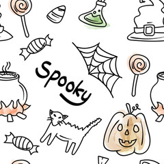Seamless Pattern Doodle Cute Halloween Elements Line Color with Text Spooky Watercolor Effect.Vector Illustration