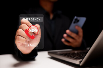 A person is depicted in a dark setting, using a smartphone to simulate an emergency SOS call, highlighting technology's role in safety.