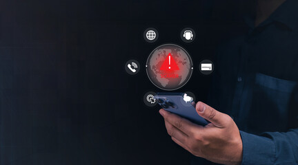 A person holds a smartphone displaying an alert symbol, surrounded by icons representing communication and information.