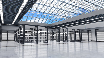 Supermarket interior mockup with empty gondola display racks in the center, shelves along the walls and clear roof overlooking the blue cloudy sky. 3d illustration