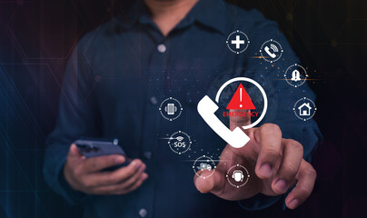 A person interacting with an emergency alert interface, showcasing various icons and notifications on a digital screen.