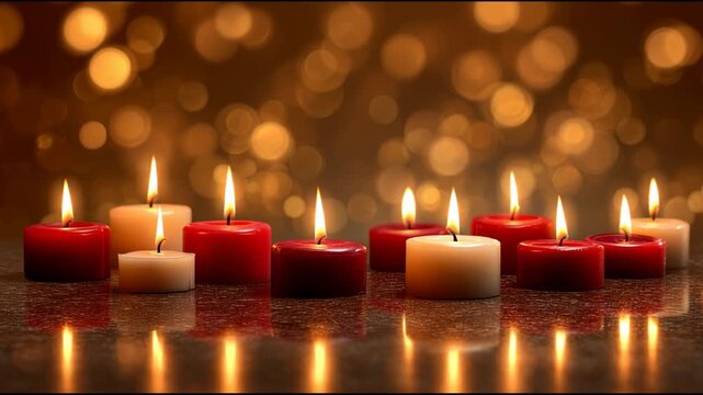 Burning memorial candles glowing in darkness with warm golden bokeh lights