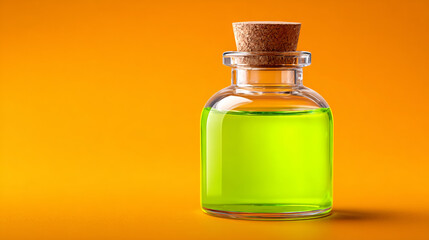 Green bottle of liquid is sitting on a yellow surface