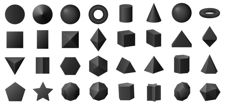 Collection of black stereometric geometric shapes including cubes, spheres, cones, and polygons, ideal for design, education, and 3D modeling concepts vector illustration
