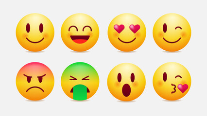 Emoji face icon set. Collection of expressive smiley faces showing emotions such as happiness, love, anger, disgust, surprise, and kiss. 