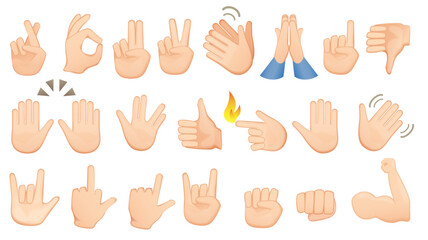 Emoji white skin hand icons. Set of hands icons and symbols set. Different gestures, signals and signs vector illustration