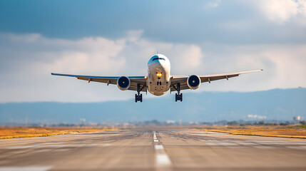 Obraz premium Commercial airplane landing on airport runway, traveling global