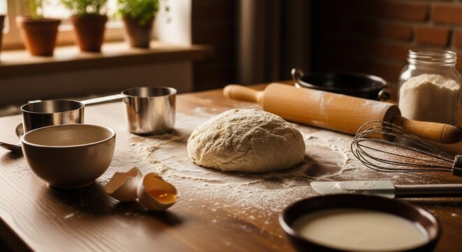 Freshly prepared dough on a floured wooden kitchen counter, surrounded by baking tools and ingredients like a rolling pin, whisk, bowls, and a cracked egg.