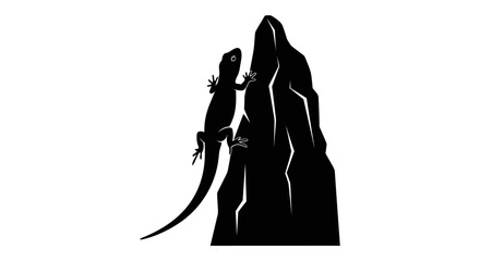 Silhouette of a lizard climbing a rocky outcrop.