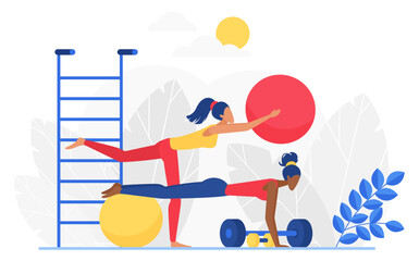 Fitness sport workout vector illustration. Cartoon flat active woman team characters doing sport exercises, working with ball, dumbbell and barbell in gym, girls in healthy activity isolated on white