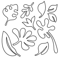 Leaves Set Outline Summer Elements.Abstract Botanical Organic Shape Line Art Vector Collection.