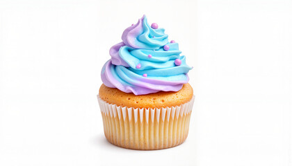 Colorful cupcake with pink and blue frosting and decorative sprinkles on a light background