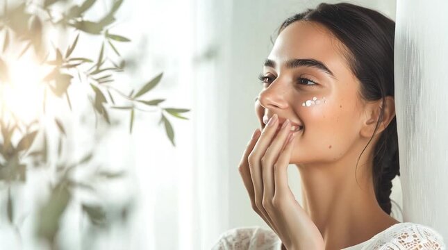 Contemporary banner featuring a model applying a skincare solution for problematic skin in a calm, stylish interior with neutral tones, highlighting balance, care, and visible skin improvement in prem