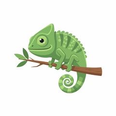 Fototapeta premium Green chameleon perched on a brown branch with leaves, looking happy.