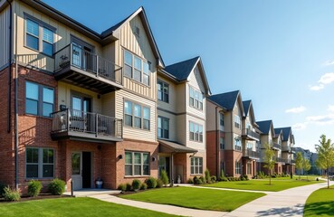 Modern multifamily housing property with brick, siding facade features balconies, manicured lawns. Contemporary residential buildings offer urban living spaces, condominium options in scenic town.