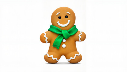 Gingerbread man cookie with a green scarf on a light background, festive dessert concept