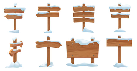 Naklejka na ściany i meble Wooden board and arrow in winter set vector illustration. Cartoon blank vintage signage for announcement on snowy road, signboard decoration with wood texture, snow drift and icicle isolated on white Naklejka na ściany i meble Wooden board and arrow in winter set vector illustration. Cartoon blank vintage signage for announcement on snowy road, signboard decoration with wood texture, snow drift and icicle isolated on white